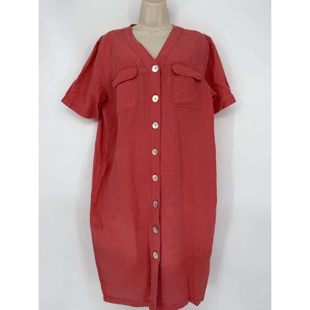 Tess  Linen Midi Sheath‎ Dress Vintage Size 12 Red Abelone Button Up Coastal